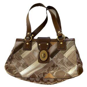 Vintage COACH 12524 Signature Khaki Patchwork Canvas Leather Turnlock Satchel
